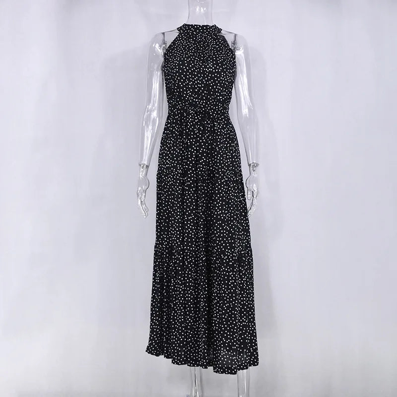 Summer Floral Print Halter Neck Dresses For Women Sleeveless Leace-up Long Dress Casual Beach Holiday Vestidos Female Clothing