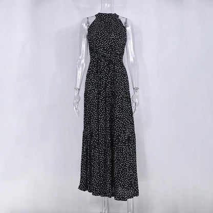 Summer Floral Print Halter Neck Dresses For Women Sleeveless Leace-up Long Dress Casual Beach Holiday Vestidos Female Clothing