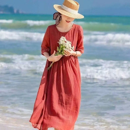 Summer New Dresses for Women LOOSE Embroidery Vintage Dress Streetwear Long Dresses Women Clothing Robe O-Neck White Dress