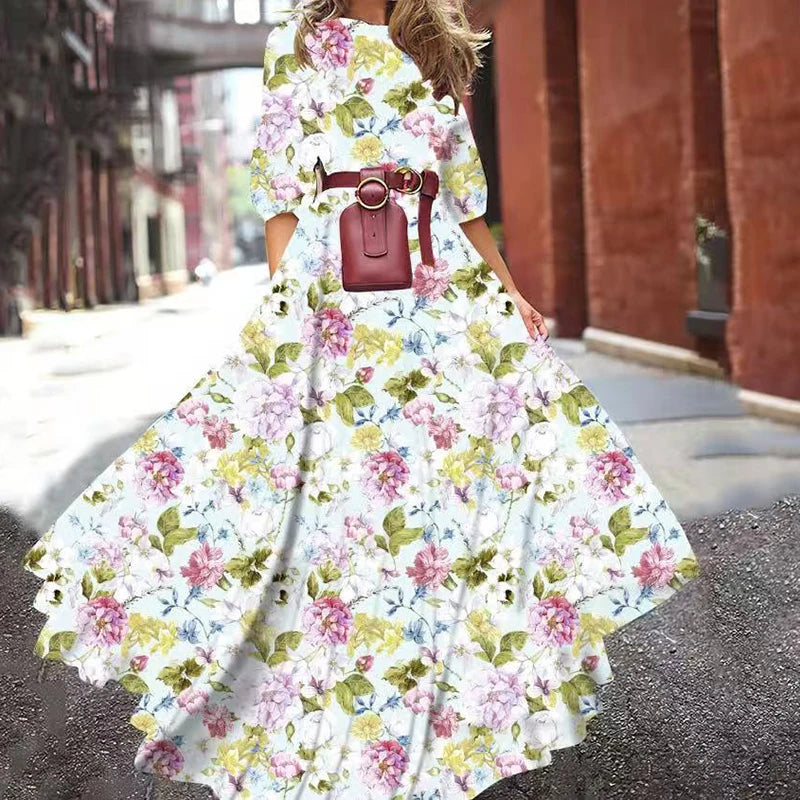 Summer Bohemian Floral Long Dress For Women Casual Holiday Beach Zipper Round Collar Pocket Slim-fitting Swing Robe Vestidos