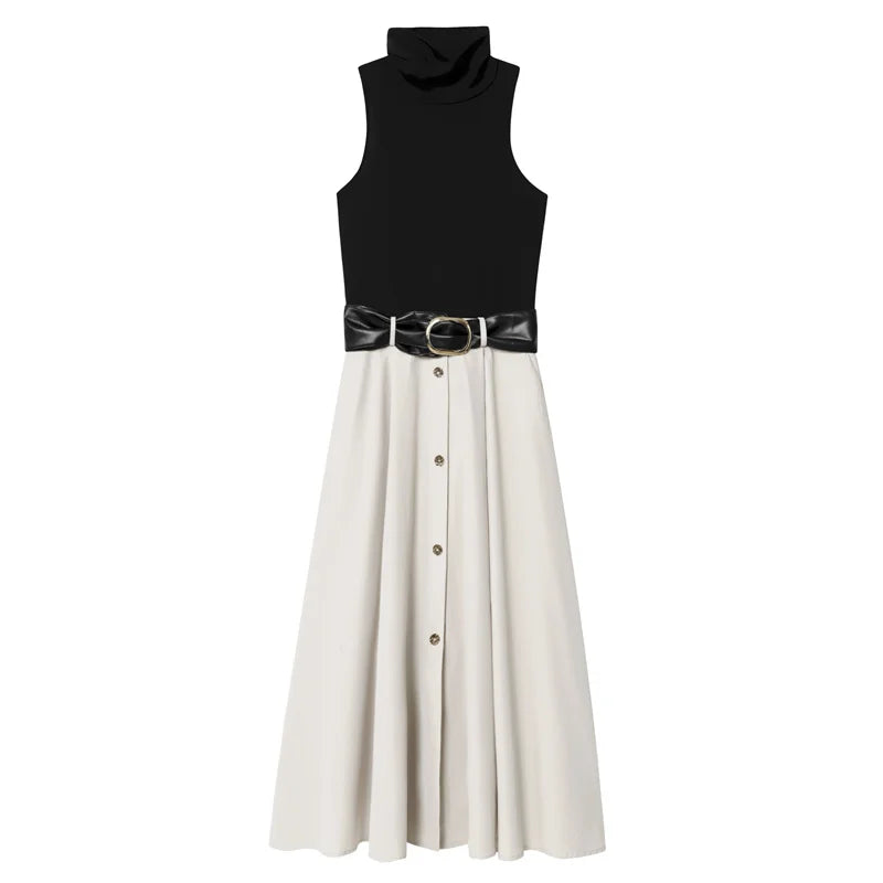 Women's Dress Summer 2025 New Color-blocked Sleeveless Belt Embellished Dress Long Dress Casual Fashion Temperament Elegance