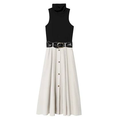 Women's Dress Summer 2025 New Color-blocked Sleeveless Belt Embellished Dress Long Dress Casual Fashion Temperament Elegance
