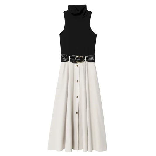 Women's Dress Summer 2025 New Color-blocked Sleeveless Belt Embellished Dress Long Dress Casual Fashion Temperament Elegance