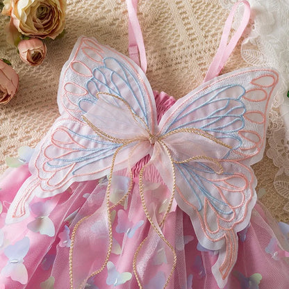 Baby Girl Party Princess Dress Summer Toddler 3d Fairy Butterfly Wings Sleeveless Tulle Sling Dress Children Birthday Party Gown