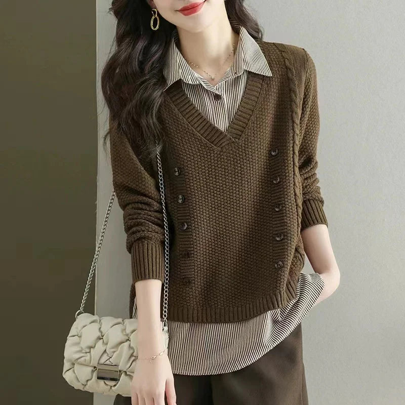 New Fake Two Piece Top Knit Sweater Women's Splice Shirt Collar Spring Autumn  Korean Loose Long Sleeve Sweater Female Pullover