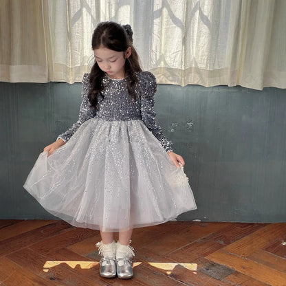 Girls' Dress with Bright Opening Veil and Thick Velvet, Super Fairy Princess Dress, 2025 Winter Clothing New Children's Clothing