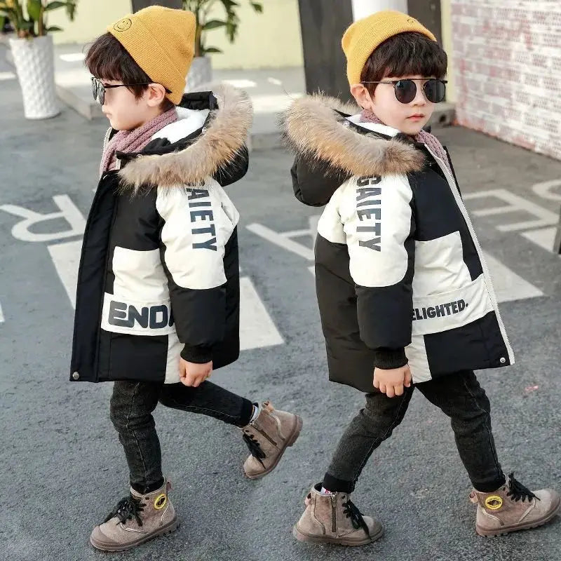 Winter Boys Coat 2023 New Baby Fur Collar Hooded Cotton Plus Velvet Thicken Warm Jacket For Children's Coat For Boys 2-8Years