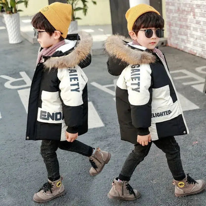 Winter Boys Coat 2023 New Baby Fur Collar Hooded Cotton Plus Velvet Thicken Warm Jacket For Children's Coat For Boys 2-8Years