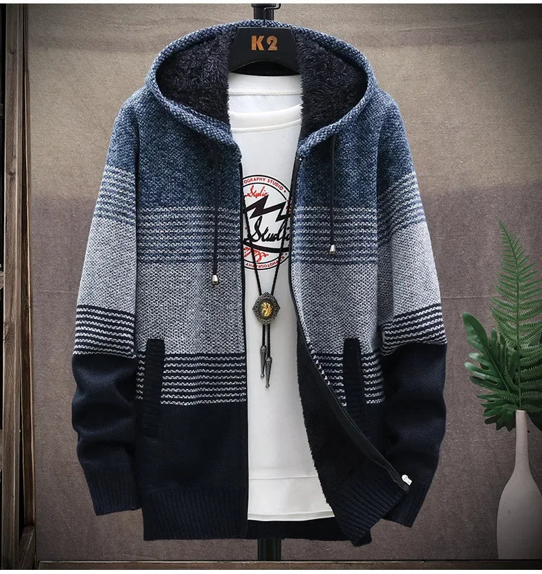 Men's Autumn/winter Hooded Knit Jacket Fleece-lined Thickened Casual Loose-fit Knitted Cardigan Outer Wear Sweater