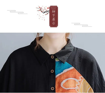 Women Summer Clothing 2025 New Style Literary Splicing Loose Printed Button Splicing Shirt Dress
