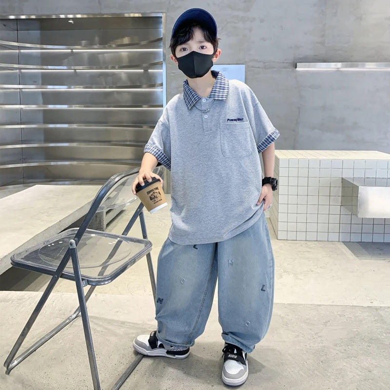 Boys Summer Clothing Set Children Short-Sleeve Polo Shirt Top+ Denim Pants Two-Piece Set 2025 New