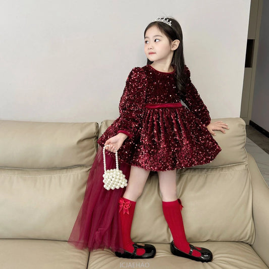 Wed Dress Winter Kids Girls Glitter Fleece Princess Dresses Children Birthday Bow Train