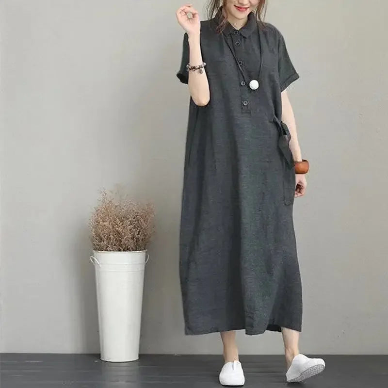 Women Summer Temperament Dress New Solid Color Lapel Short Sleeved Loose Pocket Casual Dress for Women Cotton Linen Clothing