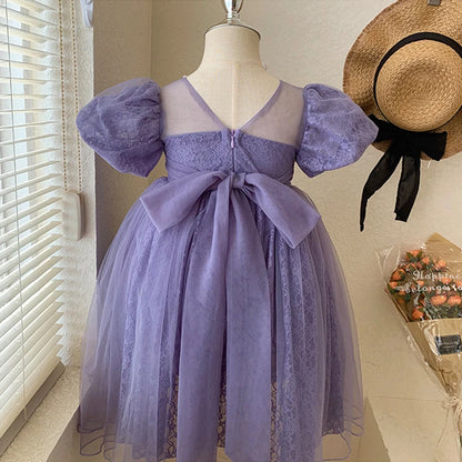 New Girls Party Dress Summer Elegant Princess Dress Purple Mesh Dress 1-9 Years Kids Bow Birthday Party Clothes