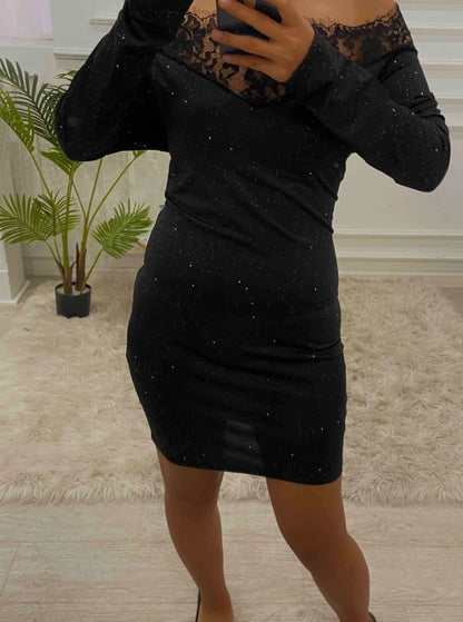 Women's Dresses 2022 Summer Fashion Sexy Off Shoulder Contrast Lace Glitter Plain Skinny Party Mini Long Sleeve Dress