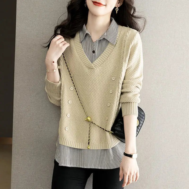 New Fake Two Piece Top Knit Sweater Women's Splice Shirt Collar Spring Autumn  Korean Loose Long Sleeve Sweater Female Pullover