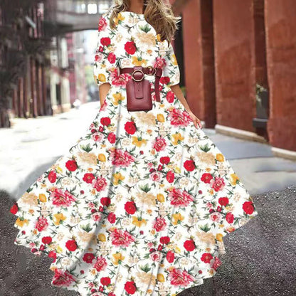 Summer Bohemian Floral Long Dress For Women Casual Holiday Beach Zipper Round Collar Pocket Slim-fitting Swing Robe Vestidos