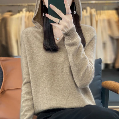 2024 100% Merino Pure Wool V-neck Hoodie Autumn/Winter Hoodie New Cashmere Sweater Women's Casual Knitted Top DMR207