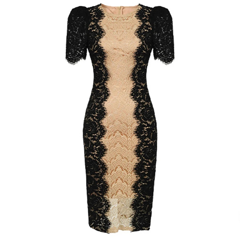 Fashion Summer Elegant Evening Dress For Women Lace Chic Short Sleeve Slim Midi Party Gown Mujer Stretchy Vestido Street Clothes