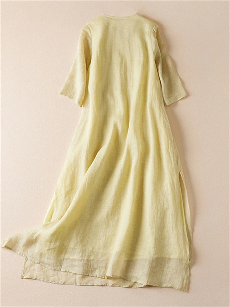 Summer Print Vintage Dresses For Women 2025 New Casual Long Thin Breathable Dress Femme Robe Office Lady Work Elegant Clothing