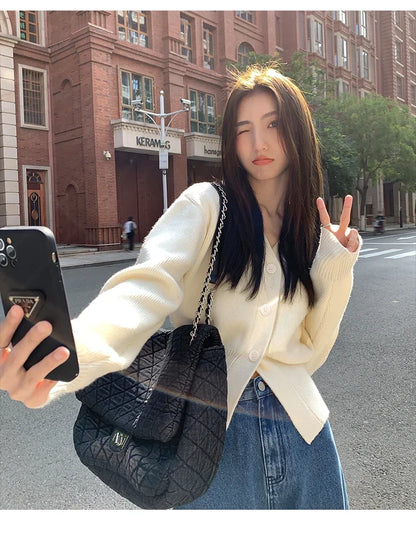 Zjaiss 2025 Autumn Winter Elegance Solid Color V-neck Sweater Knitted Casual Cardigan Unique And Niche Slim Fit Tops