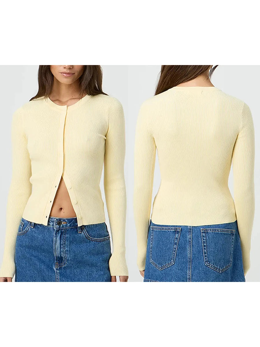 Women's Ribbed Cardigan Tops Spring Fall Solid Color Long Sleeve Round Neck Button Up Cropped Sweaters Female Casual Pullovers