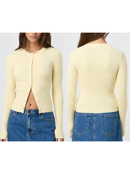Women's Ribbed Cardigan Tops Spring Fall Solid Color Long Sleeve Round Neck Button Up Cropped Sweaters Female Casual Pullovers