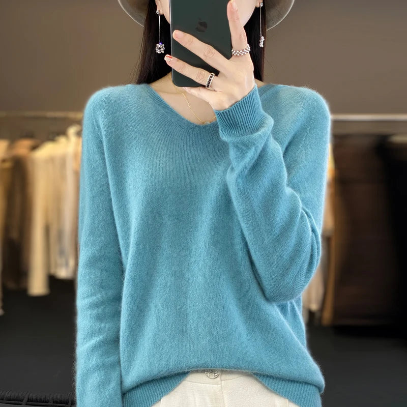 2024 100% Merino Pure Wool V-neck Hoodie Autumn/Winter Hoodie New Cashmere Sweater Women's Casual Knitted Top DMR207