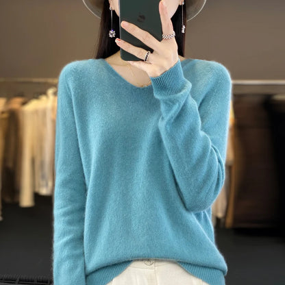 2024 100% Merino Pure Wool V-neck Hoodie Autumn/Winter Hoodie New Cashmere Sweater Women's Casual Knitted Top DMR207