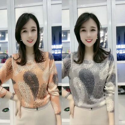 Autumn Winter O Neck Printing Diamonds Sweater Ladies Loose Casual Pullover Knitting Top Women Fashion Trend All-match Jumpers