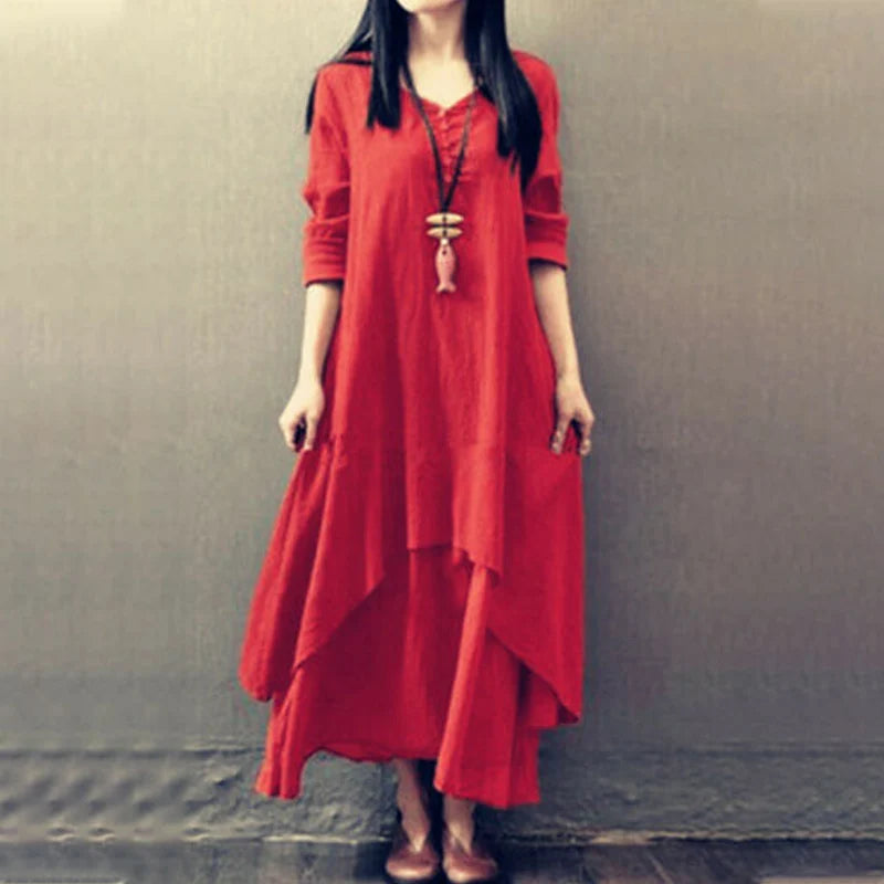 Summer Women  Boho Vintage Kaftan Loose Gypsy Maxi Dress Fake Two-piece Literary Irregular Large Swing Dress Robe