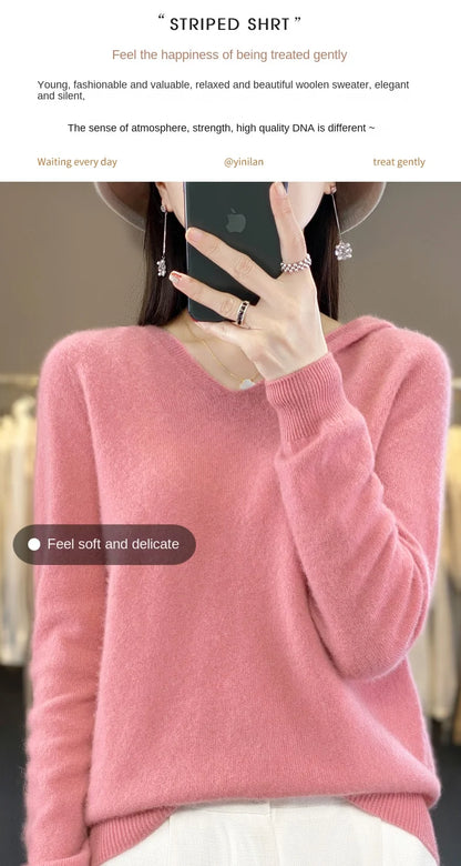 2024 100% Merino Pure Wool V-neck Hoodie Autumn/Winter Hoodie New Cashmere Sweater Women's Casual Knitted Top DMR207