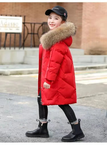 Winter Warm Jackets for Girls Two Colors Faux Fur Hooded Coat Kids White Duck Down Parkas Children Cotton Long Outwear