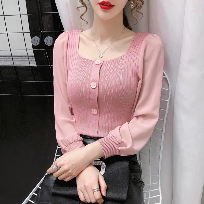 Women Spring Autumn Style Pulloverr Sweaters Lady Casual Long Sleeve Square Collar Knitted Patchwork Pullover Tops WY1022