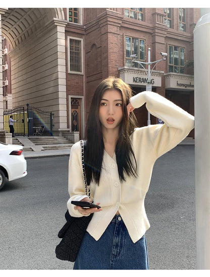 Zjaiss 2025 Autumn Winter Elegance Solid Color V-neck Sweater Knitted Casual Cardigan Unique And Niche Slim Fit Tops