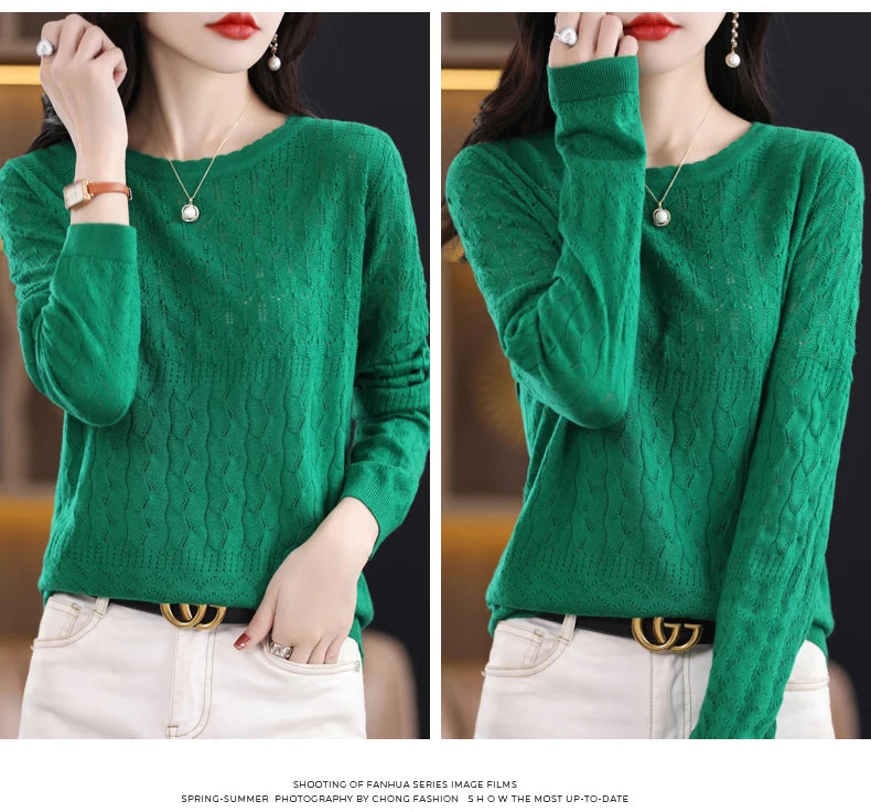 Worsted Wool Sweater Women's Spring 2023 New Western-Style Solid Color Round Neck Top With Long Sleeve Bottom Hollowed-Out Thin