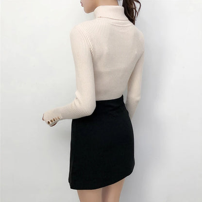 2025 Knitted Turtleneck Women Sweater Button Long Sleeve Pullovers Autumn Winter Basic Femme Sweaters Slim Solid Pull Tops