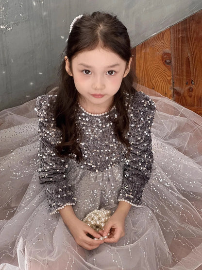 Winter Baby Girls Sequin Work Fleece Lined 4-Layer Mesh Zip Back Dresses with Head Veil Kids Outfit Children Sweet Skirt 2-8 Yr