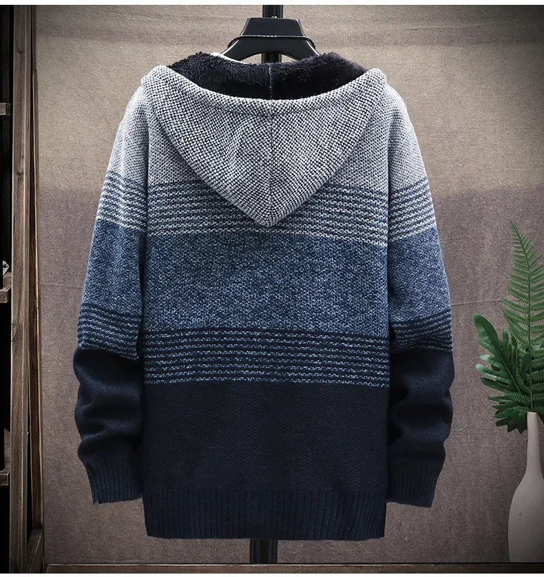 Men's Autumn/winter Hooded Knit Jacket Fleece-lined Thickened Casual Loose-fit Knitted Cardigan Outer Wear Sweater