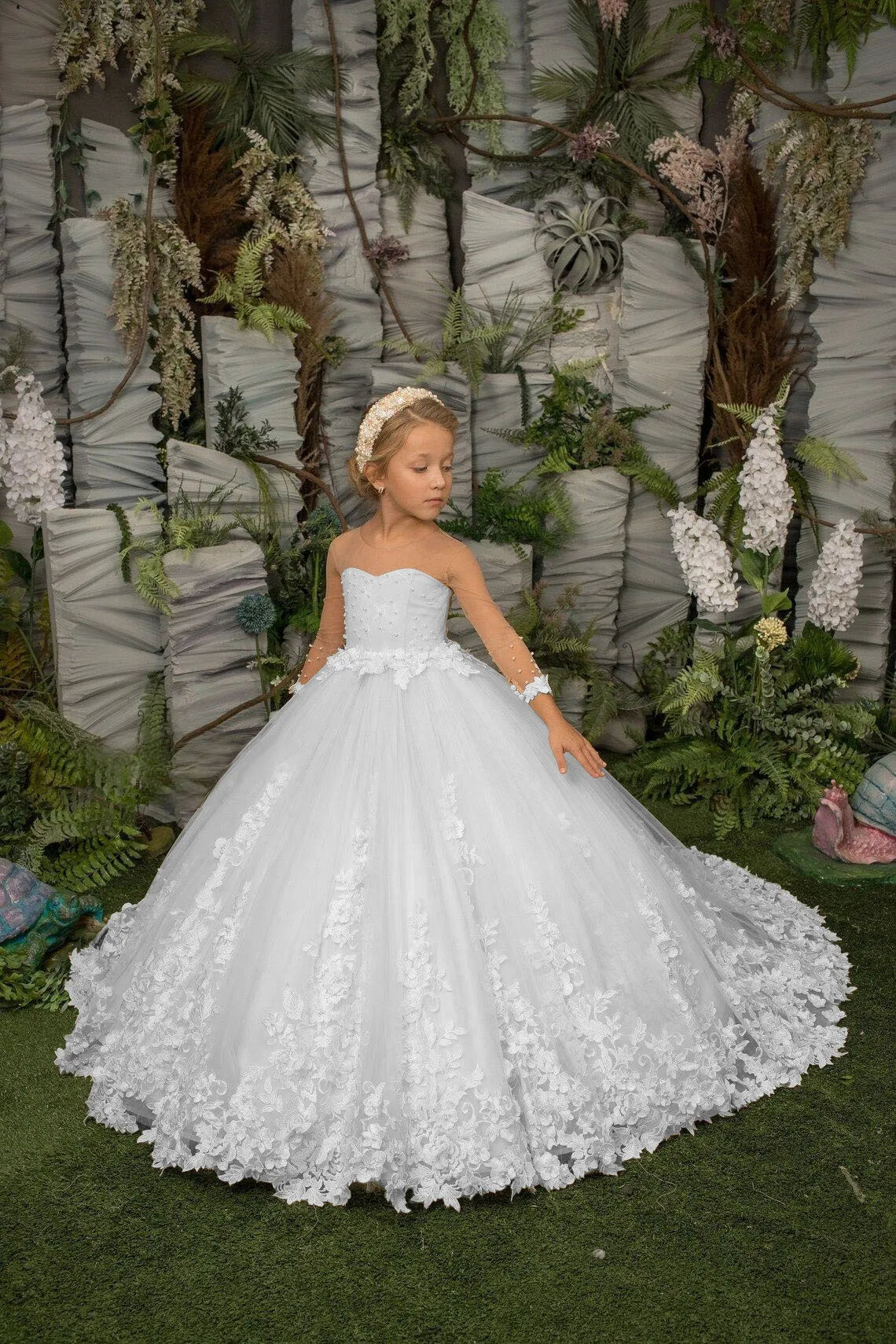 Flower Girl Dress Floral Lace Applique Children Wedding Party Gowns New Kids Clothes Princess First Communion Dress