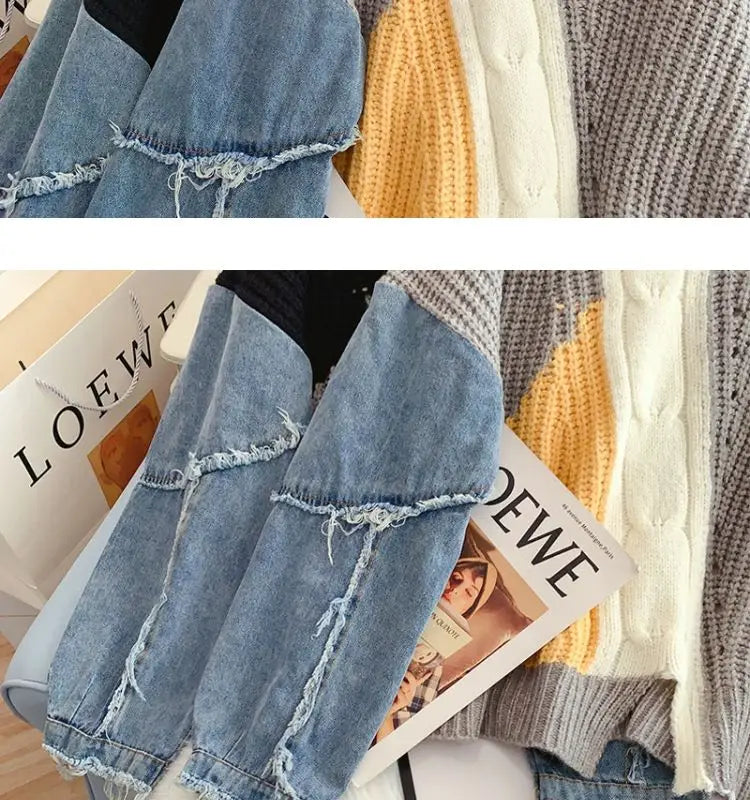 Loose Lazy Knitting Jacket, Pullover, Denim Sleeves, Splicing, Fashionable, Comfortable, Leisure, Autumn and Winter