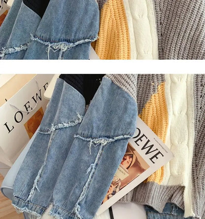 Loose Lazy Knitting Jacket, Pullover, Denim Sleeves, Splicing, Fashionable, Comfortable, Leisure, Autumn and Winter