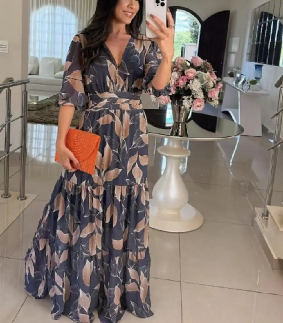Summer Women Dresses Floral Print Ruffles Boho V-neck Short Sleeve Casual Loose Beach Dress Elegant Holiday Maxi Long Dress Robe