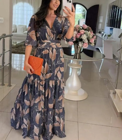 Summer Women Dresses Floral Print Ruffles Boho V-neck Short Sleeve Casual Loose Beach Dress Elegant Holiday Maxi Long Dress Robe