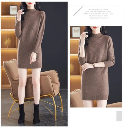 New Vintage Autumn Women's Clothing Half Turtleneck Warm Winter Sweater Dress Long Sleeve Pollovers Top Female Knitwear Jumper