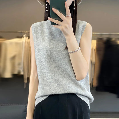 2024 Cashmere Vest Women's 100% Merino Wool Pullover Indoor Sleeveless Sweater Half-turtleneck Office Tops Waistcoat