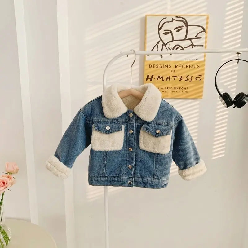 Boys Jacket Autumn and Winter New Children's Baby Plush Thickened Denim Coat  Children's Clothing Kids Winter Coats