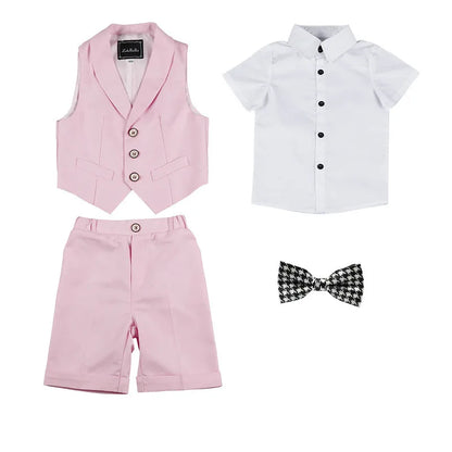 Boys Summer Vest Shirt Shorts Formal Dress Kids Candy Color Waistcoat Wedding Clothes Sets Child Uniforms Toddler Tuxedo Costume
