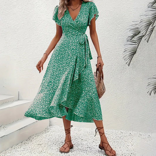 Women's Summer Flower Print Ruffle Dress Fashion 2025 Elegant Short Sleeve Wrap V Neck Tie Side Dresses