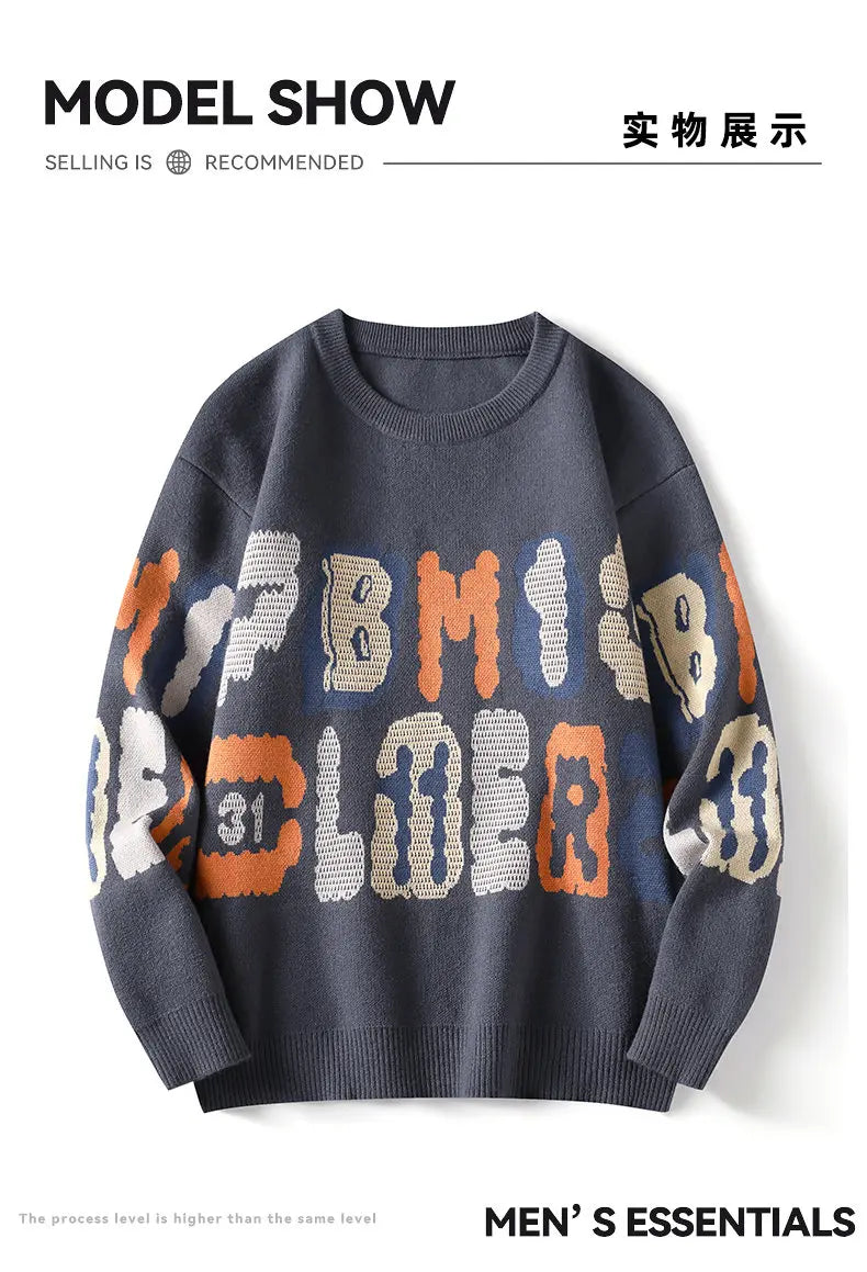 New Graffiti Printed Winter Letter Warm Men's Knitted Sweater Fashion Hoodies Loose Warm Street Autumn Woolen Pullover